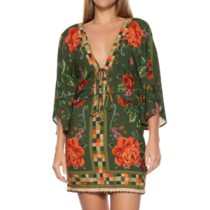 Vestido corto verde estampado con escote Farm Rio