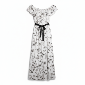 Vestido off shoulder Blanco con flores gris