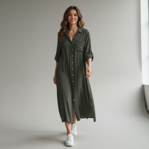 Vestido Camisero Largo Verde Olivo