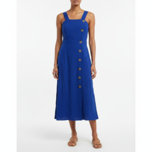 Vestido Azul Eléctrico de Lino con Botones - M