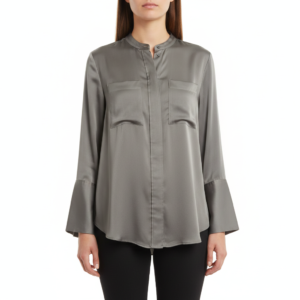 Blusa H&M Satinada Verde Oliva con Bolsillos - L