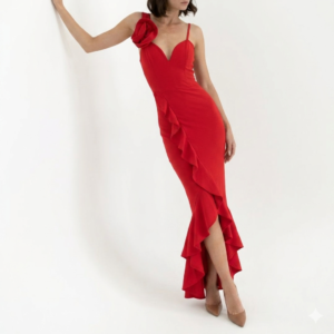 Vestido ENTR Largo Rojo con Flor y Bobos