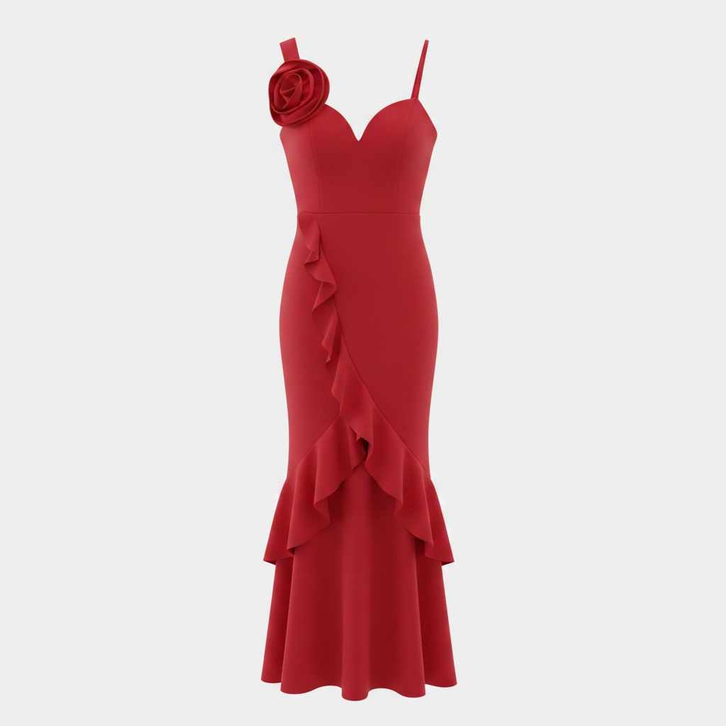 Vestido ENTR Largo Rojo con Flor y Bobos - Imagen 2