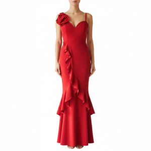 Vestido ENTR Largo Rojo con Flor y Bobos