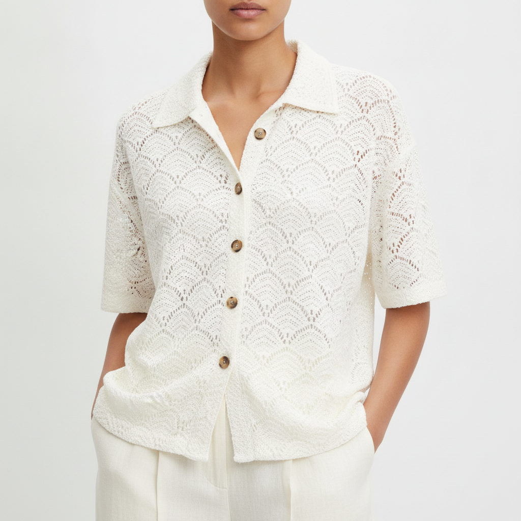 Blusa de Crochet Blanca con Botones - L