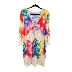 Vestido Corto Multicolor Boho con Encaje y Flecos - M