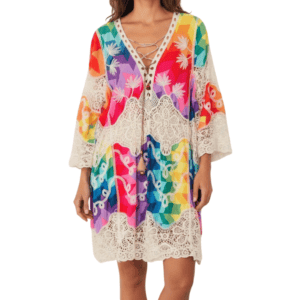 Vestido Corto Multicolor Boho con Encaje y Flecos - M