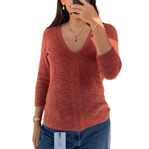 Chompa Mango de Lino Terracota con Cuello V - S