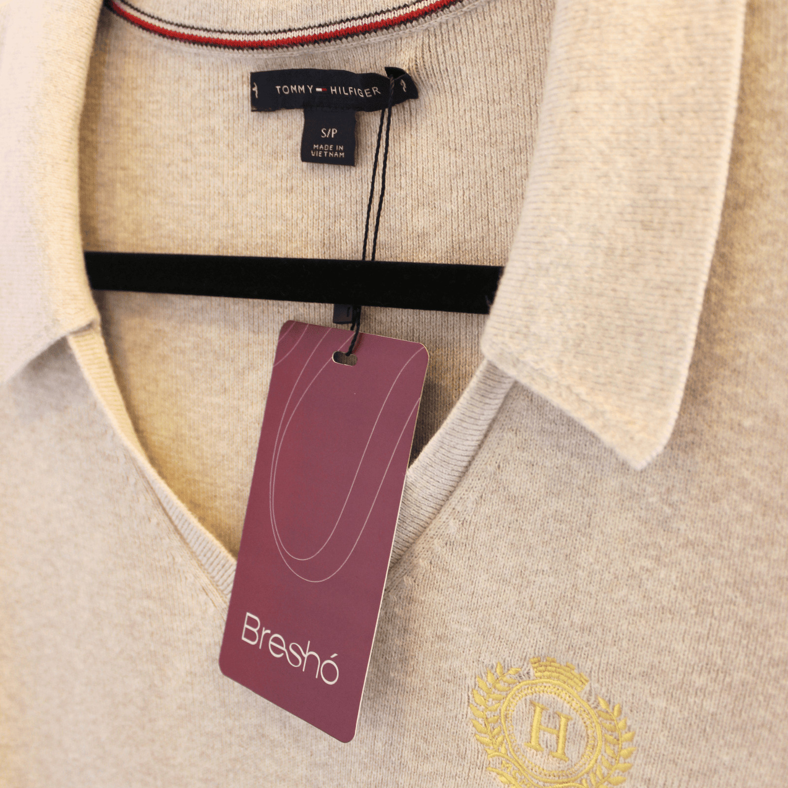 Tommy Hilfiger Chompa Beige de Algodón con Cuello Polo - S - Imagen 2