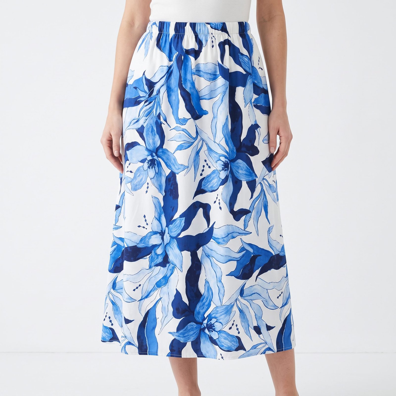 Falda H&M Midi con Estampado Floral Azul y Blanco - L