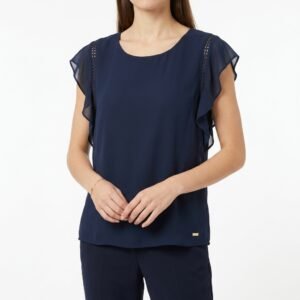 Blusa Cacharel Azul Marino con Bobos y Encaje - S