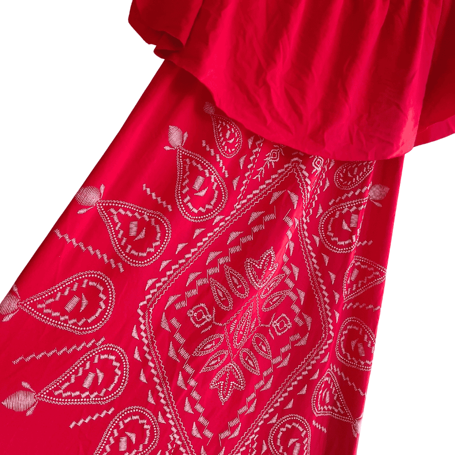 Vestido Rojo Off-Shoulder con Estampado étnico y Bobos - M - Imagen 4