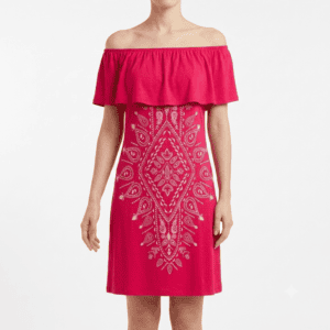Vestido Rojo Off-Shoulder con Estampado étnico y Bobos - M