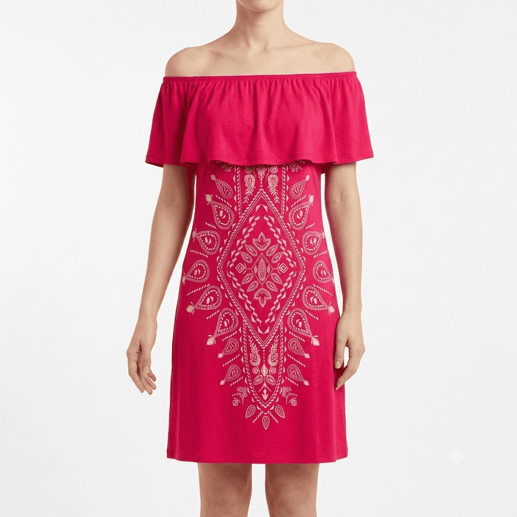 Vestido Rojo Off-Shoulder con Estampado étnico y Bobos - M