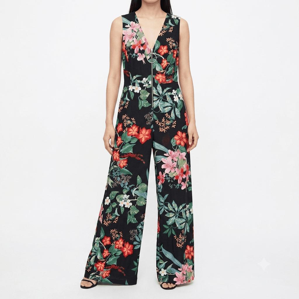 Enterizo Mango Floral Negro con Cierre Frontal - M