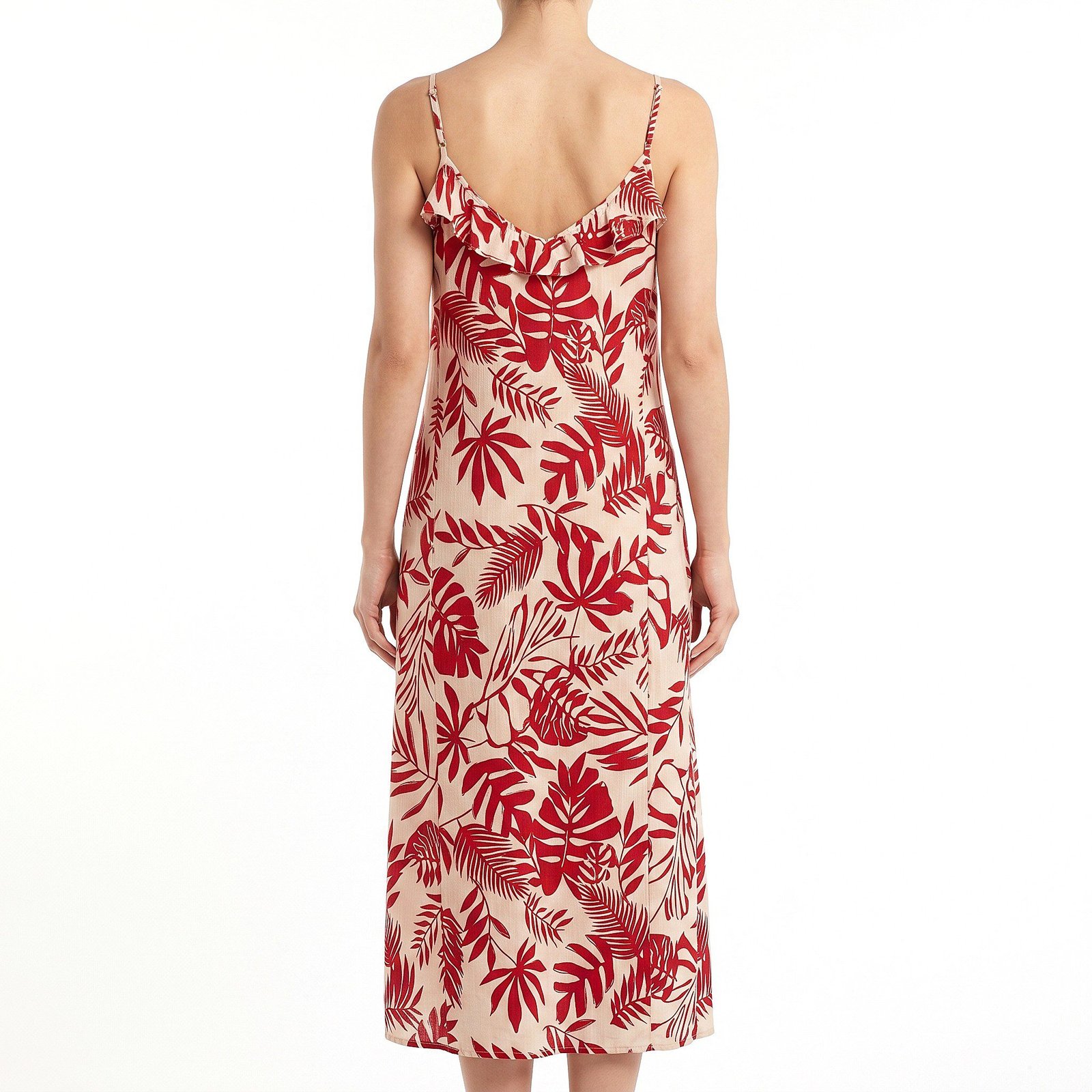 Vestido Primark Largo Tropical Rojo y Crema con Bobos - M - Imagen 2