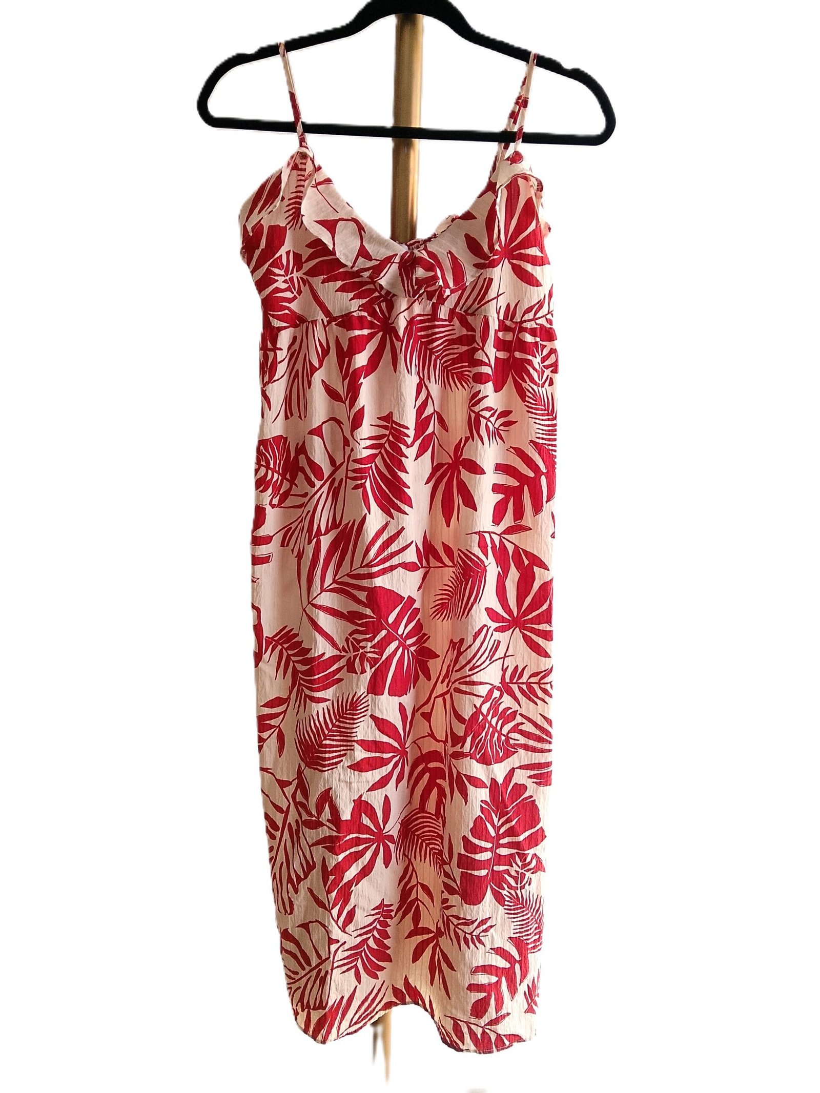Vestido Primark Largo Tropical Rojo y Crema con Bobos - M - Imagen 3