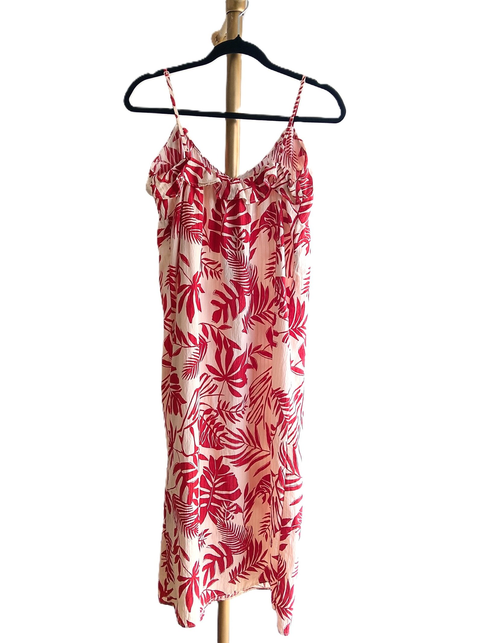 Vestido Primark Largo Tropical Rojo y Crema con Bobos - M - Imagen 4