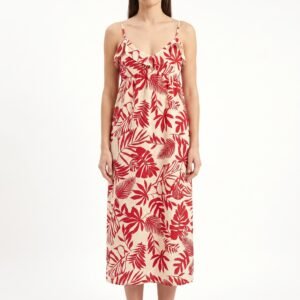 Vestido Primark Largo Tropical Rojo y Crema con Bobos - M