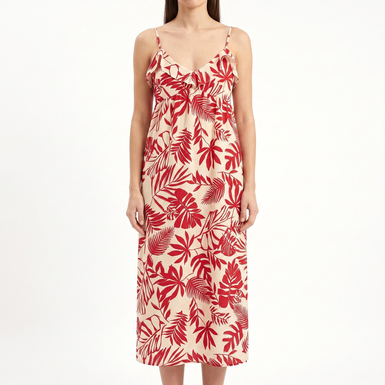 Vestido Primark Largo Tropical Rojo y Crema con Bobos - M