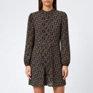 Vestido Topshop Corto Negro Floral con Alforzas - M