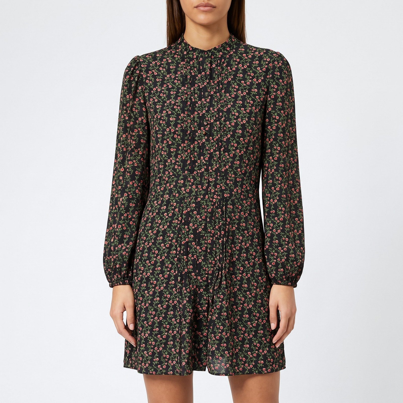 Vestido Topshop Corto Negro Floral con Alforzas - M