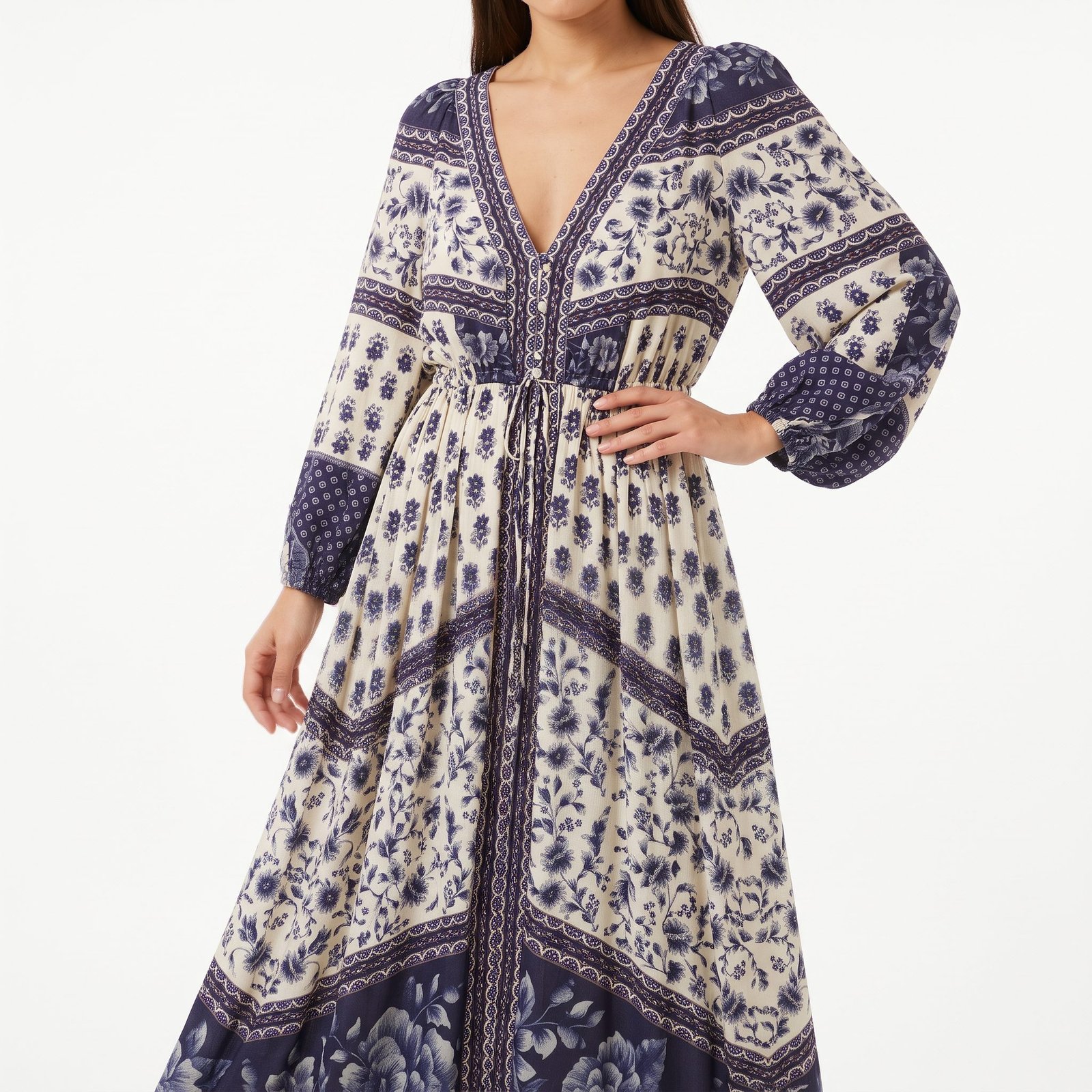 Vestido Largo Farm Rio Estampado Floral Azul y Crema - M