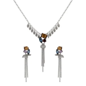 Set de Collar y Aretes Plateados con Piedras Multicolor y Flecos - ònica